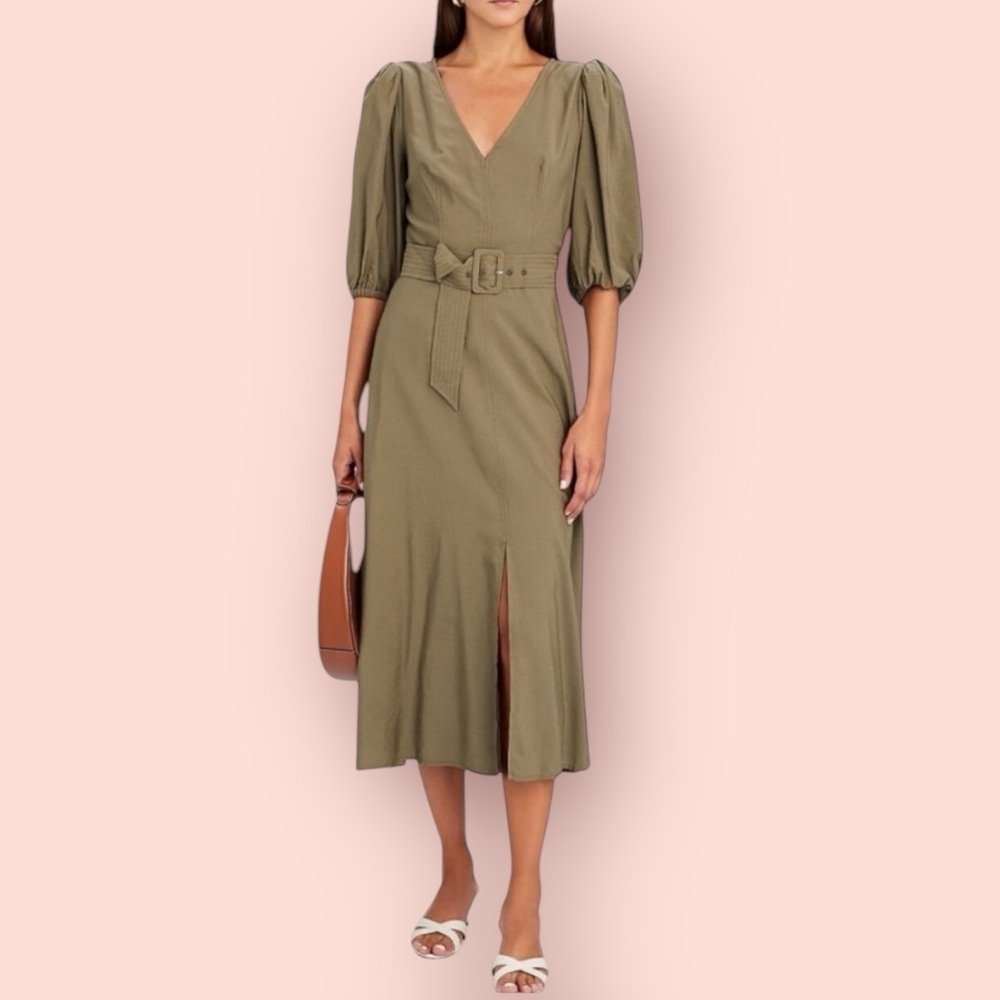 INTERMIX Laura Puff Sleeve Belted Midi Dress